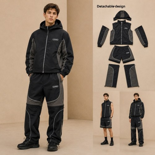 Custom Black Grey Convertible Zip-Off Nylon Tracksuit