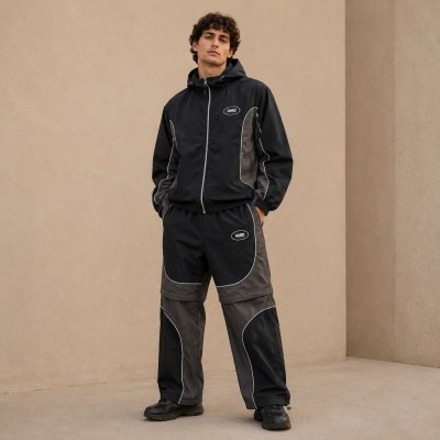 Custom Black Grey Convertible Zip-Off Nylon Tracksuit