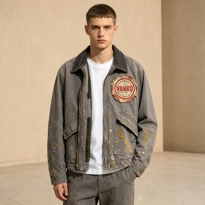 Custom Brown Distressed Corduroy Collar Work Jacket
