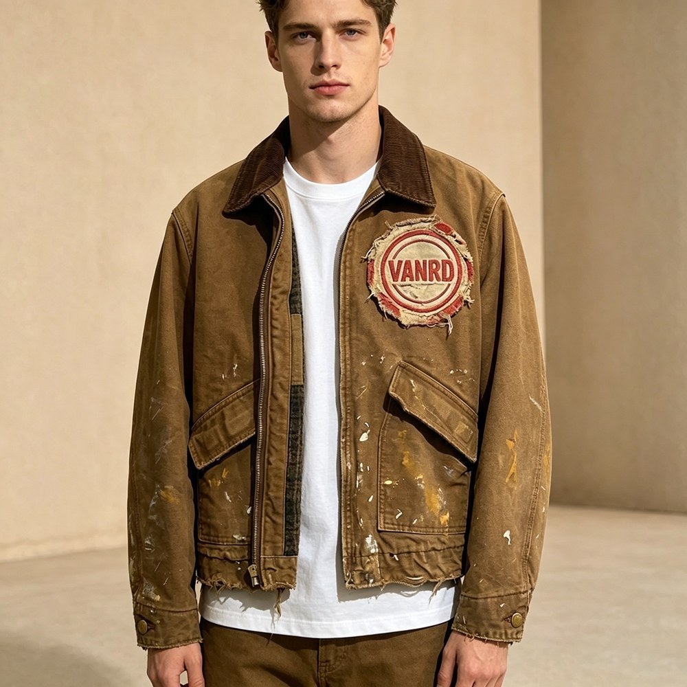 Custom Brown Distressed Corduroy Collar Work Jacket