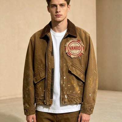 Custom Brown Distressed Corduroy Collar Work Jacket