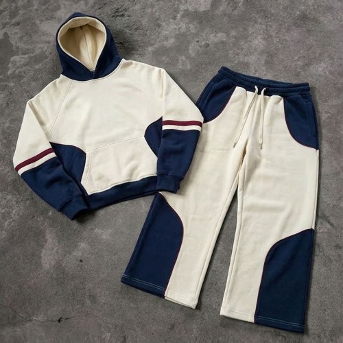Custom Cream Navy Colorblock Fleece Tracksuit