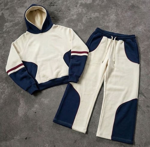 Custom Cream Navy Colorblock Fleece Tracksuit