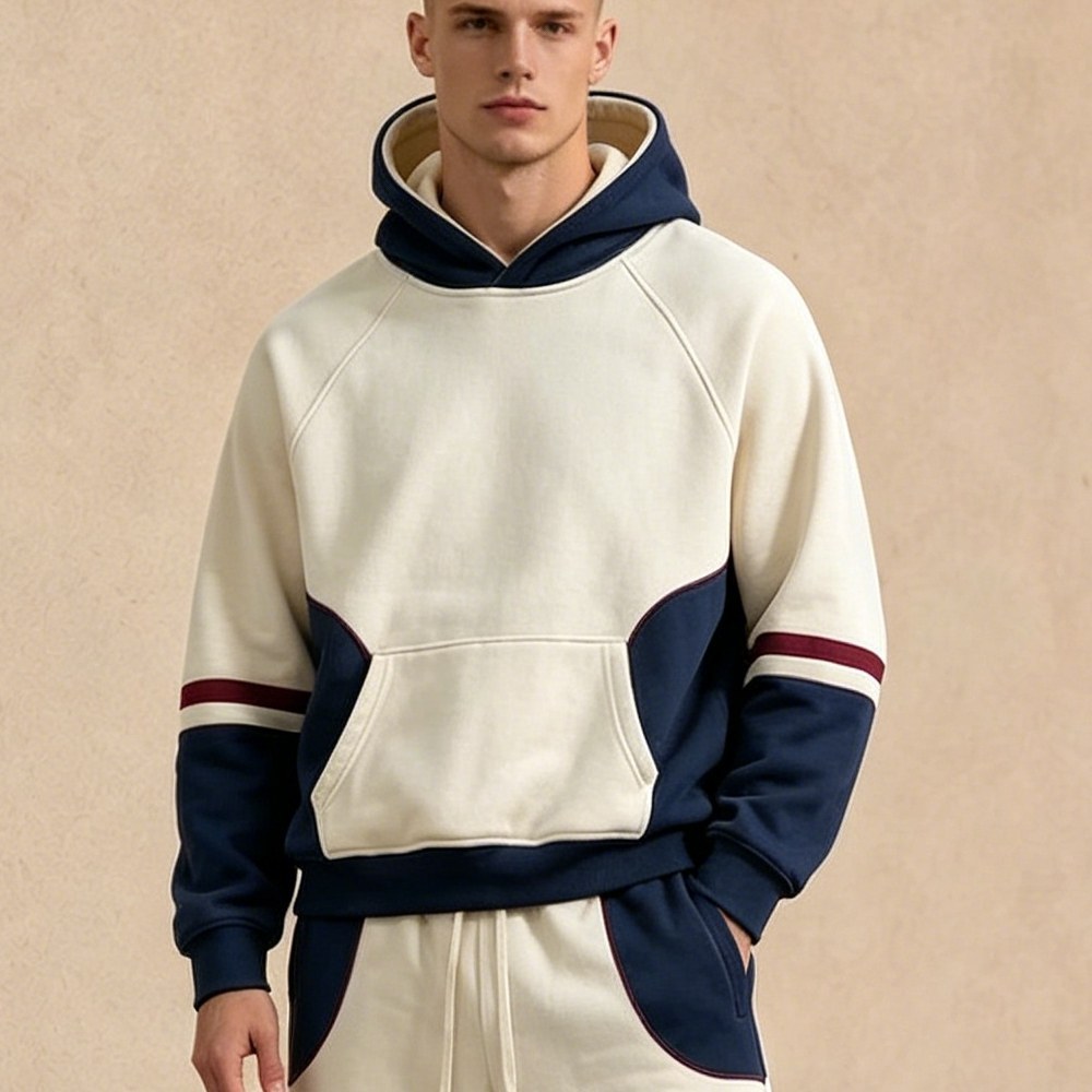 Custom Cream Navy Colorblock Fleece Tracksuit