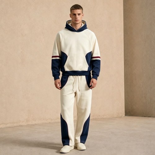 Custom Cream Navy Colorblock Fleece Tracksuit