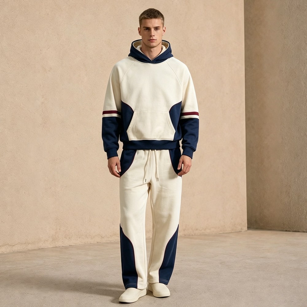 Custom Cream Navy Colorblock Fleece Tracksuit