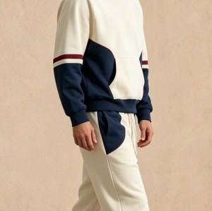 Custom Cream Navy Colorblock Fleece Tracksuit