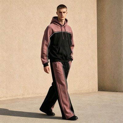 Custom Pink Black Colorblock Fleece Tracksuit