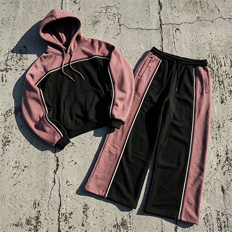 Custom Pink Black Colorblock Fleece Tracksuit