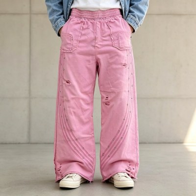 Custom Pink Fleece Distressed Studded Sweatpants