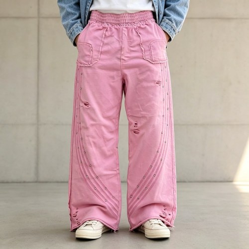 Custom Pink Fleece Distressed Studded Sweatpants