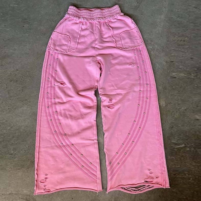 Custom Pink Fleece Distressed Studded Sweatpants
