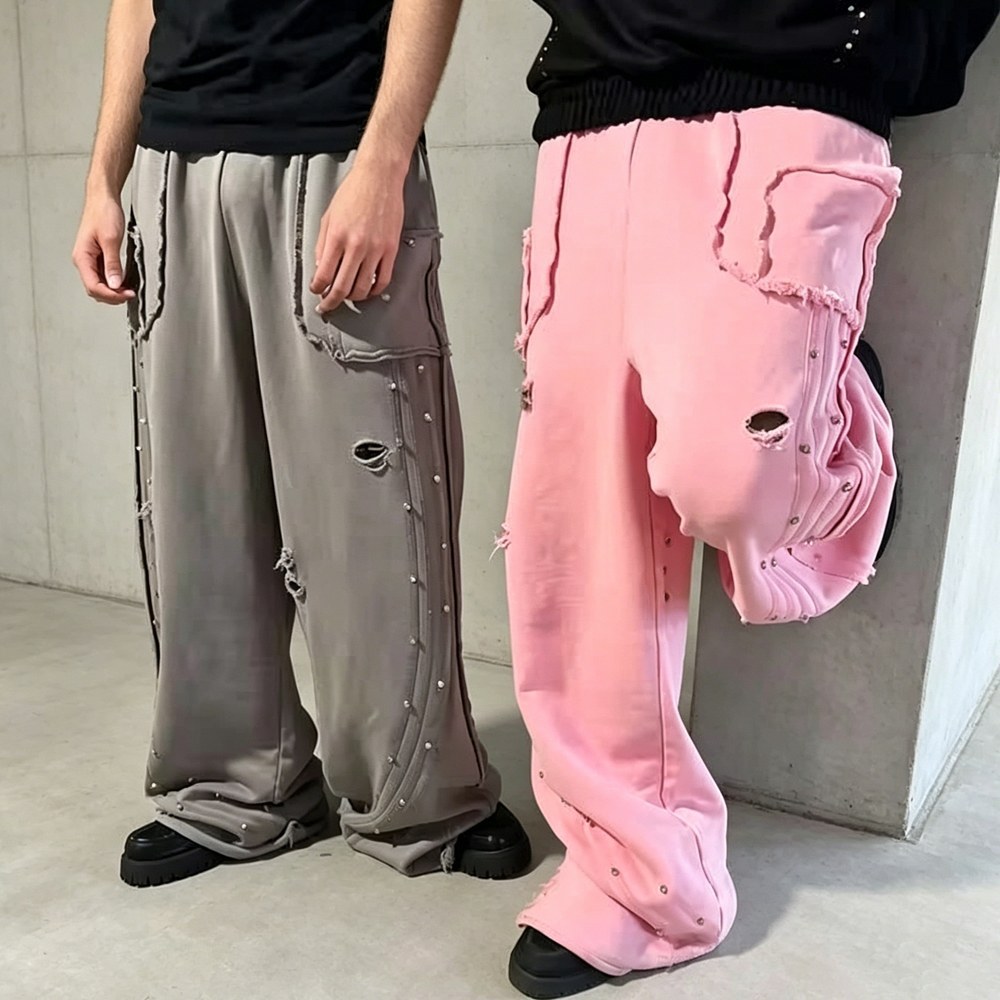 Custom Pink Fleece Distressed Studded Sweatpants