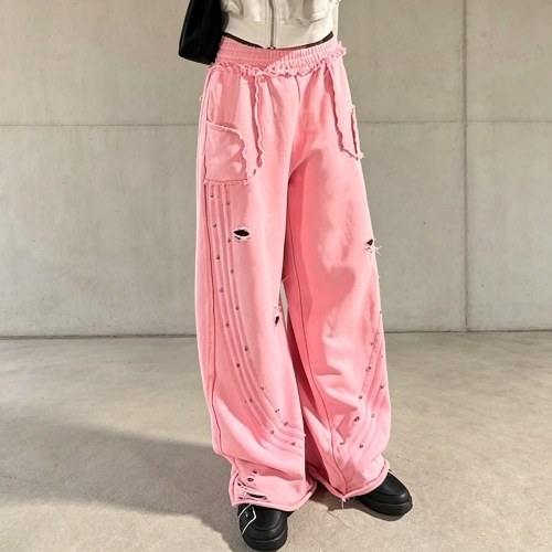 Custom Pink Fleece Distressed Studded Sweatpants