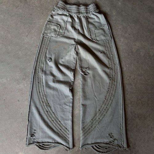 Custom Grey Fleece Distressed Studded Sweatpants