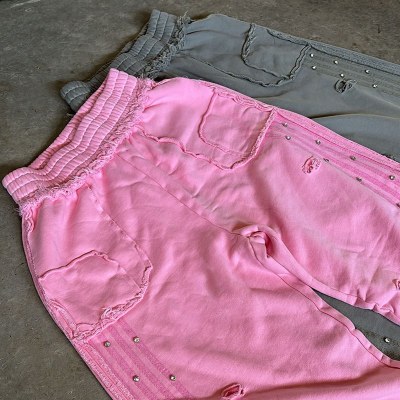 Custom Grey Fleece Distressed Studded Sweatpants