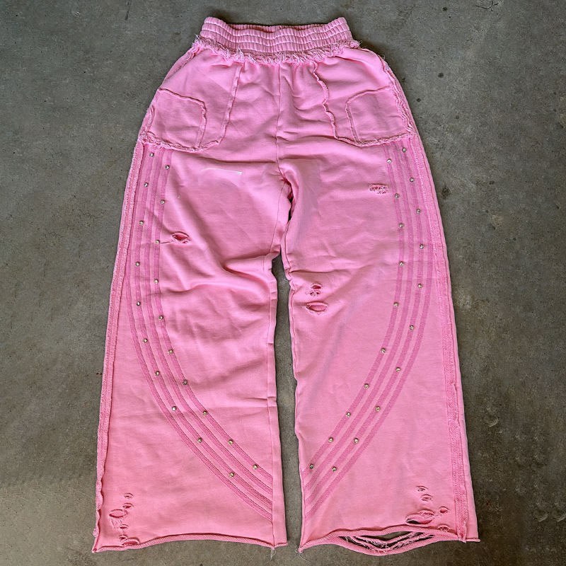 Custom Grey Fleece Distressed Studded Sweatpants