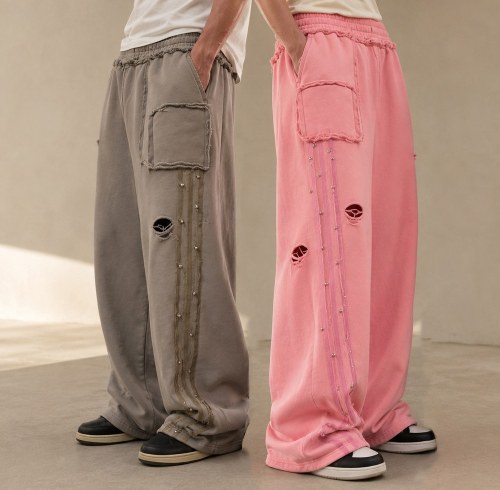Custom Grey Fleece Distressed Studded Sweatpants