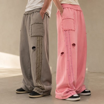 Custom Grey Fleece Distressed Studded Sweatpants