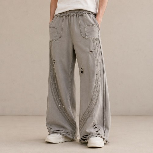 Custom Grey Fleece Distressed Studded Sweatpants