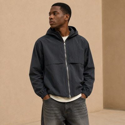 Custom Black Hooded Anorak Windbreaker Jacket