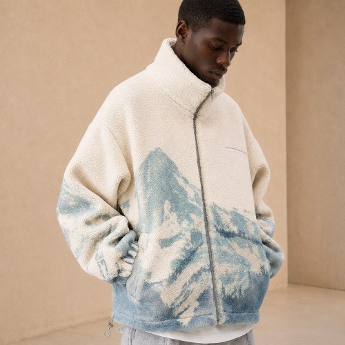 Custom Cream Mountain Print Sherpa Fleece Jacket