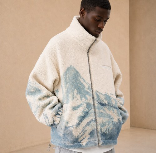 Custom Cream Mountain Print Sherpa Fleece Jacket