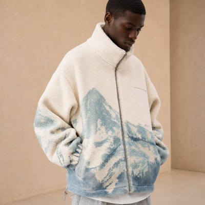 Custom Cream Mountain Print Sherpa Fleece Jacket