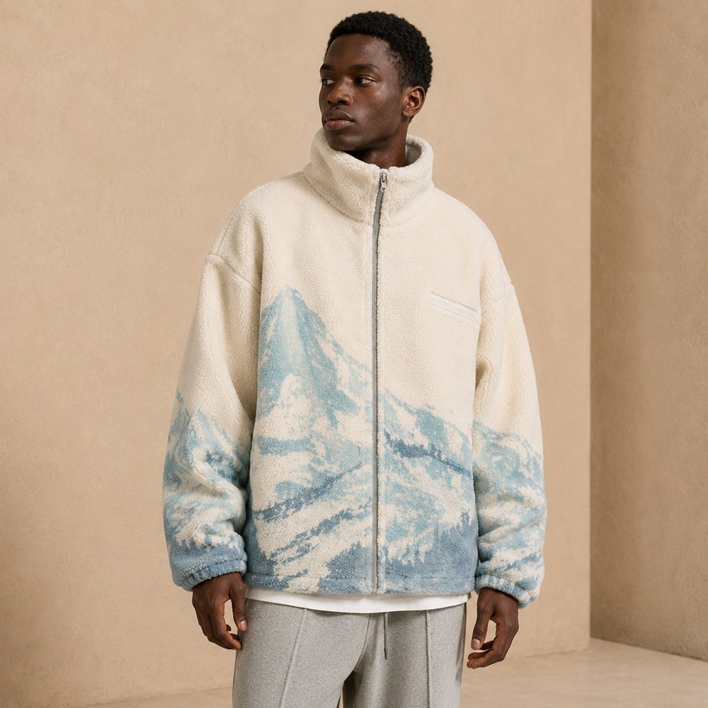Custom Cream Mountain Print Sherpa Fleece Jacket