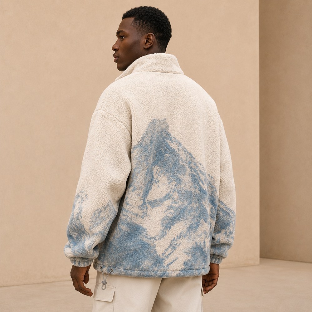 Custom Cream Mountain Print Sherpa Fleece Jacket
