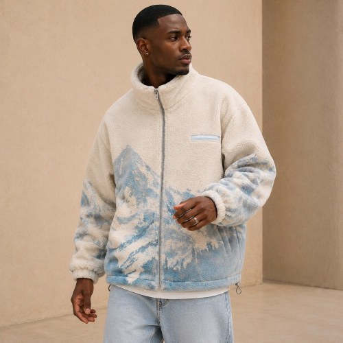 Custom Cream Mountain Print Sherpa Fleece Jacket