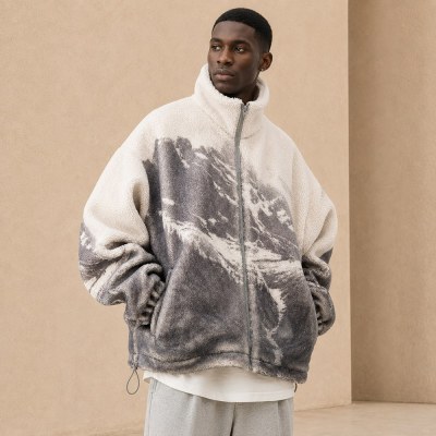 Custom Cream Mountain Print Sherpa Fleece Jacket