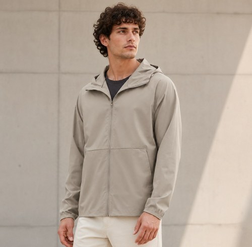 Custom Sand Beige Hooded Anorak Windbreaker Jacket