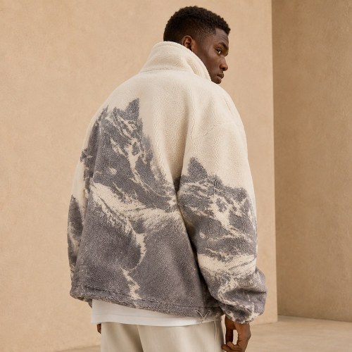 Custom Cream Mountain Print Sherpa Fleece Jacket