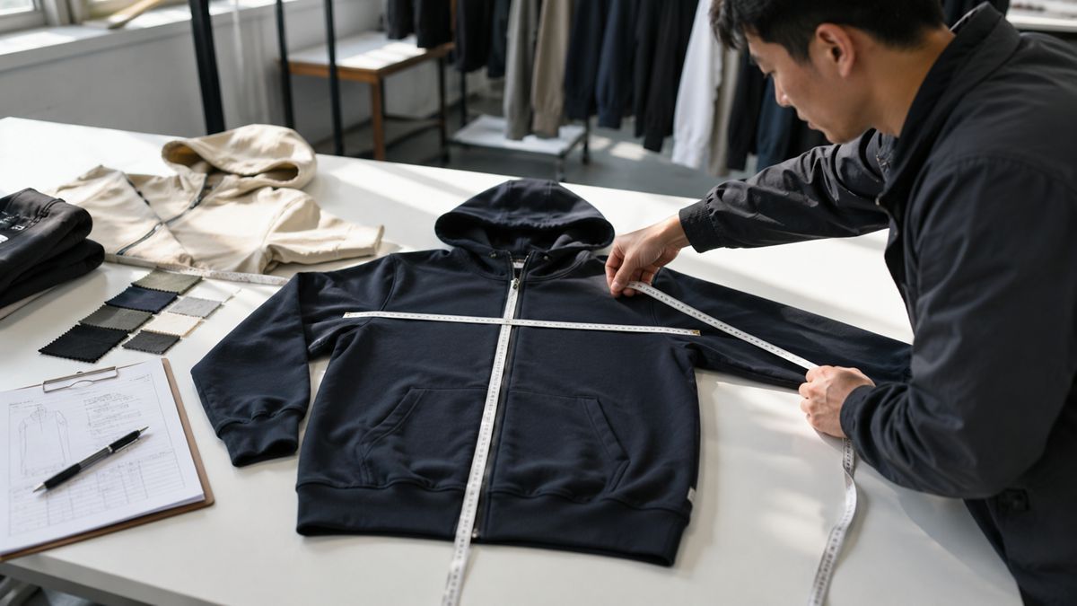 Quality inspector measuring finished garment against approved size specification