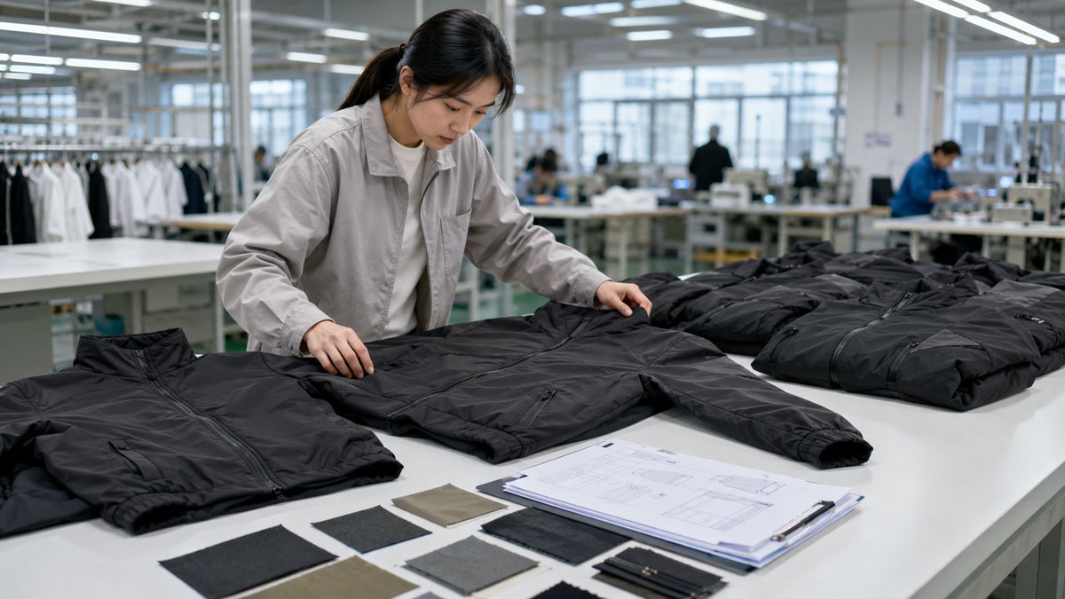 Garment quality control inspector checking apparel during bulk production