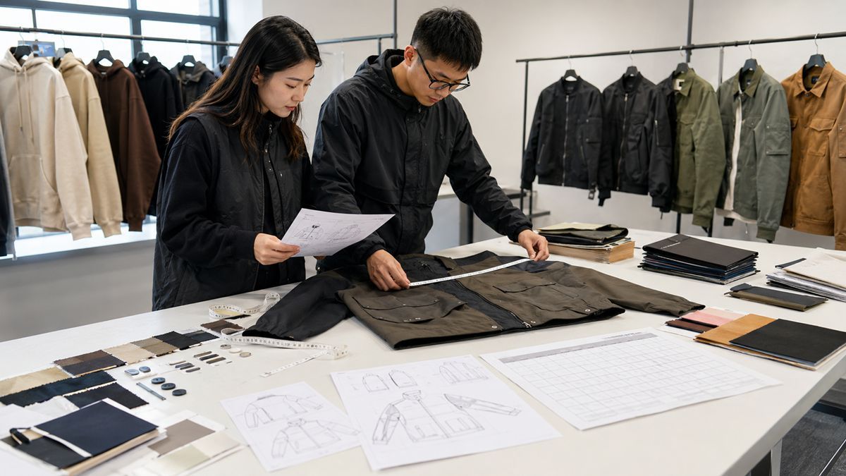 Apparel product development team reviewing a clothing production timeline with garment sample tech pack fabric swatches and trims