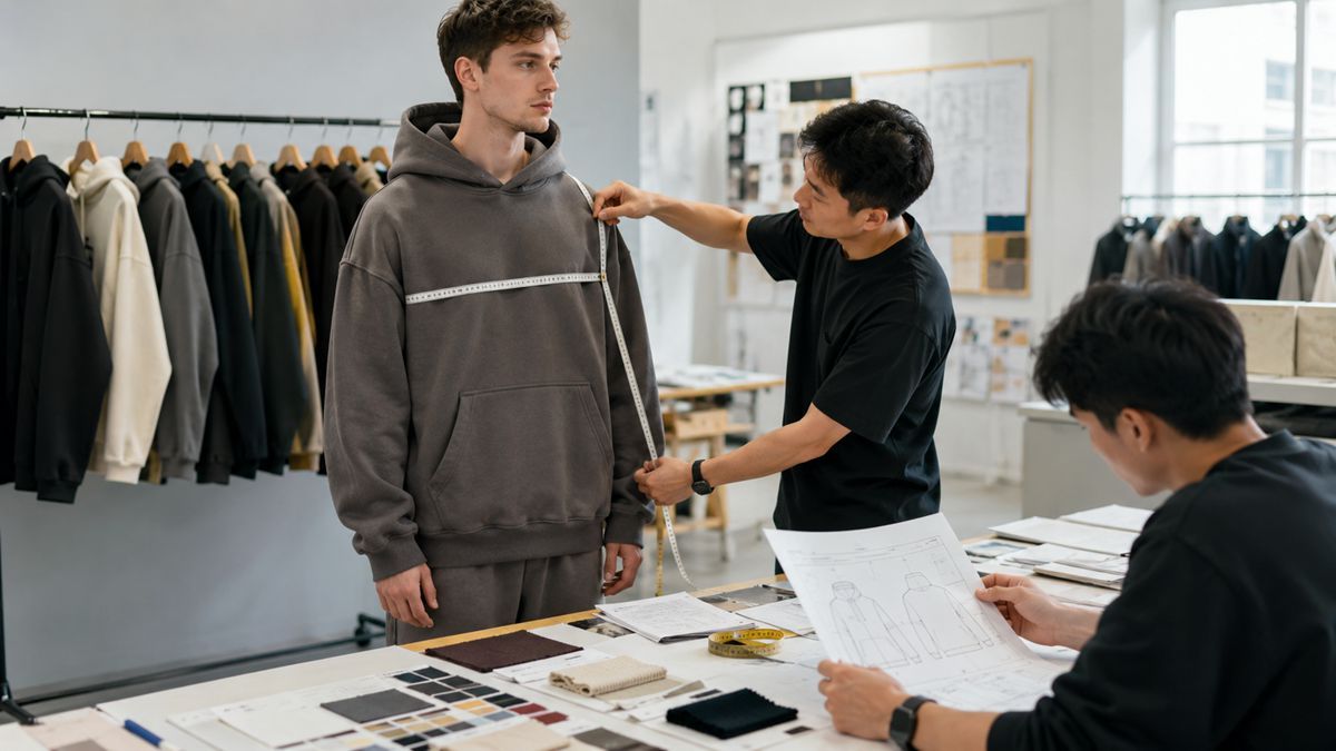 Apparel sample development with tech pack fabric swatches garment fitting and measurement review
