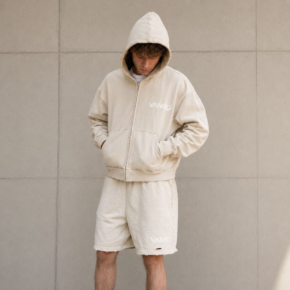 Custom Washed Black & Off-White Fleece Hoodie Shorts Tracksuit