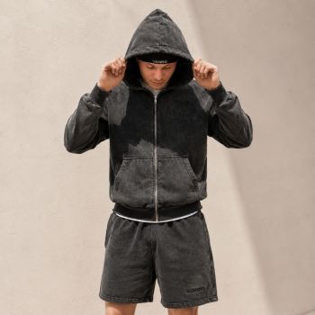 Custom Washed Black & Off-White Fleece Hoodie Shorts Tracksuit