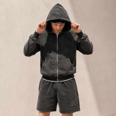 Custom Washed Black & Off-White Fleece Hoodie Shorts Tracksuit
