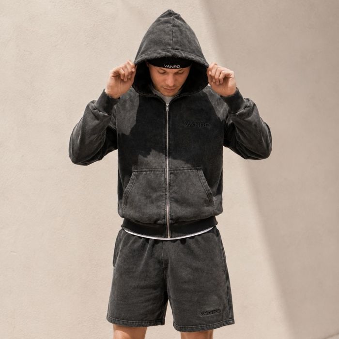 Custom Washed Black & Off-White Fleece Hoodie Shorts Tracksuit