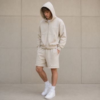 Custom Washed Black & Off-White Fleece Hoodie Shorts Tracksuit