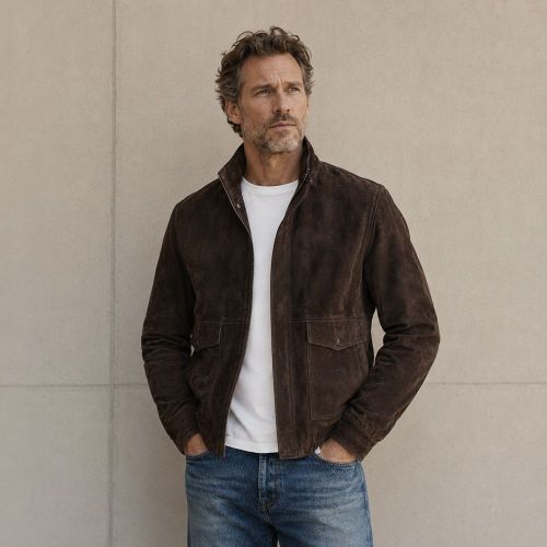 Custom Brown Faux Suede Stand Collar Jacket