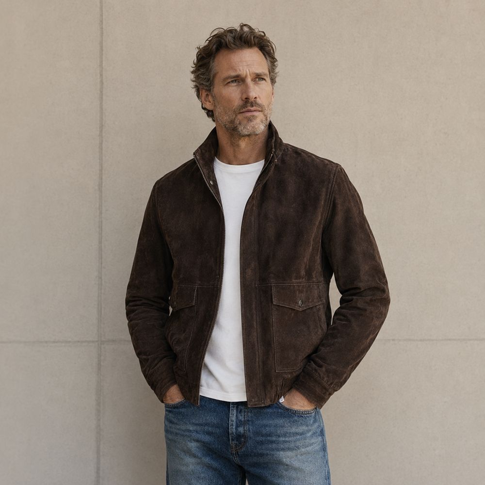 Custom Brown Faux Suede Stand Collar Jacket