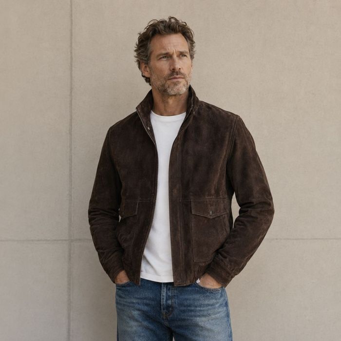 Custom Brown Faux Suede Stand Collar Jacket