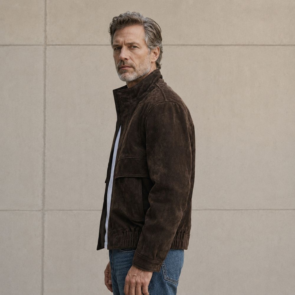 Custom Brown Faux Suede Stand Collar Jacket