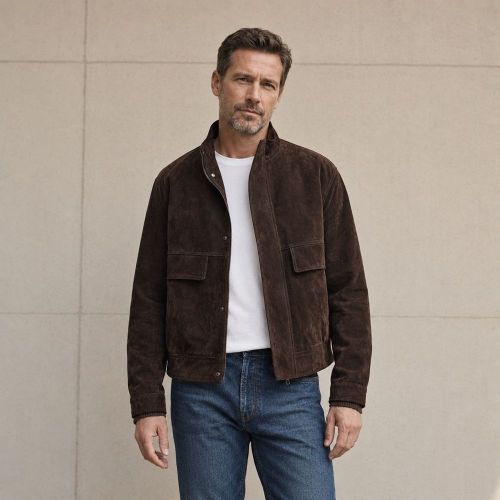 Custom Brown Faux Suede Stand Collar Jacket