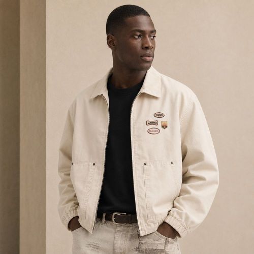 Custom Off-White Cotton Chore Coat with Patches