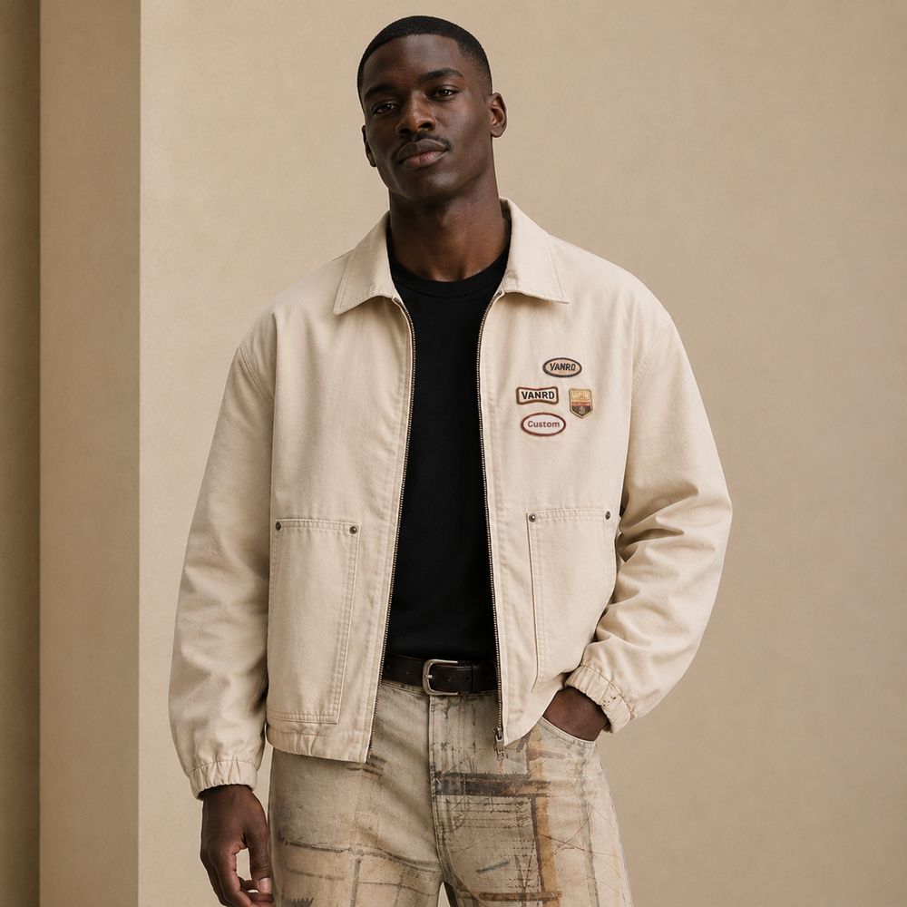 Custom Off-White Cotton Chore Coat with Patches